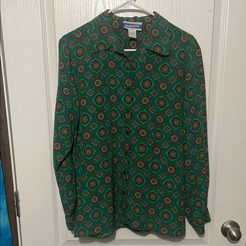 Vintage 70s Pendleton Green Patterned Button-Up B… - image 1